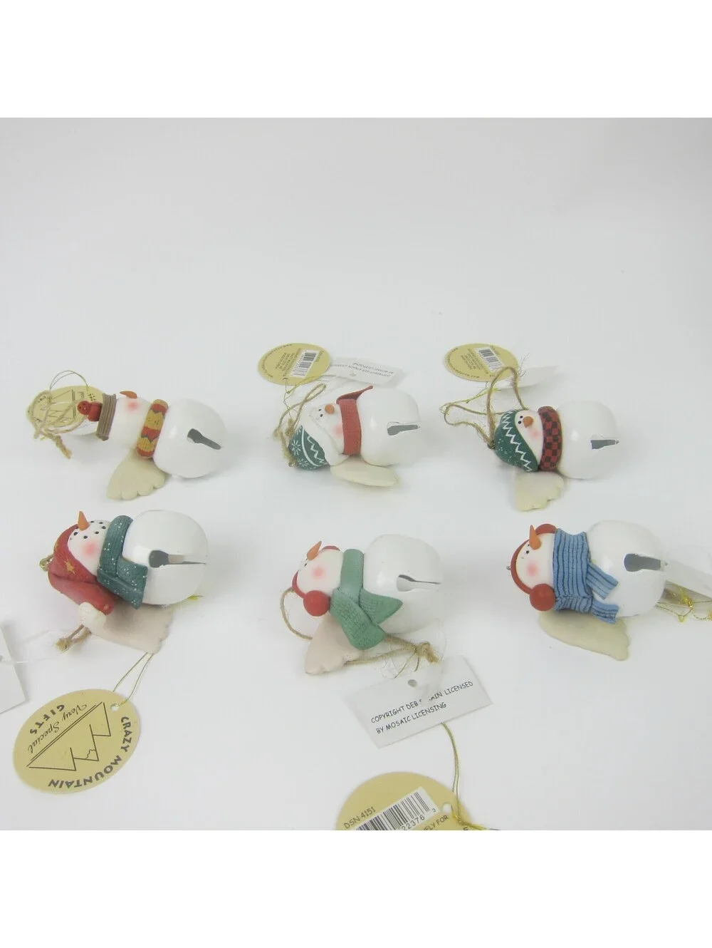 Vintage Snowman Bell Christmas Ornaments Lot of 6 Deb Strain Artist Signed 2005